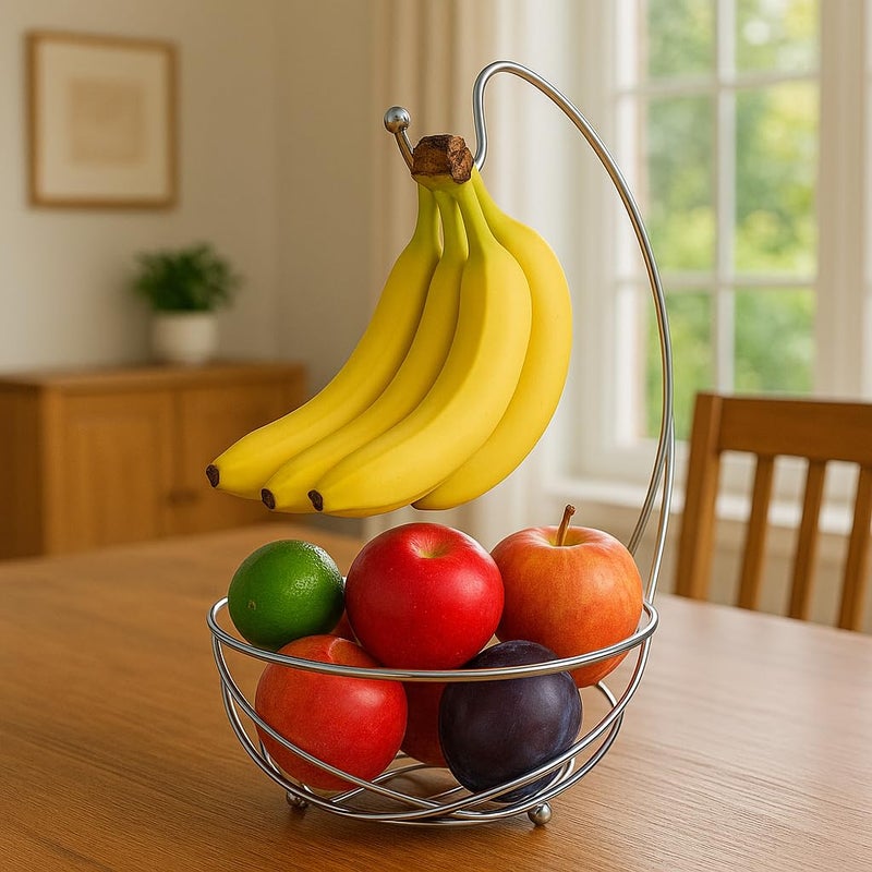 BNYD Chrome Fruit Bowl with Banana Holder â€“ 14" Countertop Wire Basket with Banana Hook, Modern Fruit Basket with Banana Tree Hanger for Kitchen Table or Island Storage - Image 5